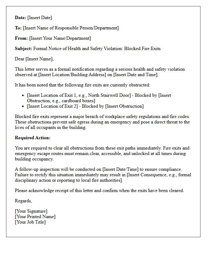 Health and Safety Violation Letter Regarding Blocked Fire Exits