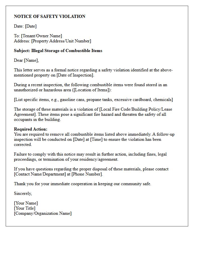 Illegal Storage of Combustible Items Safety Violation Letter