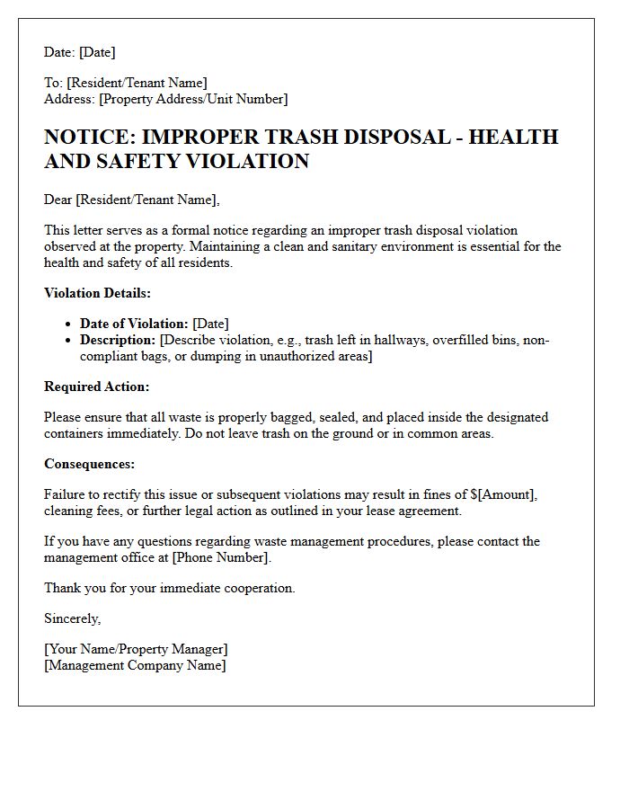 Improper Trash Disposal Health and Safety Violation Letter