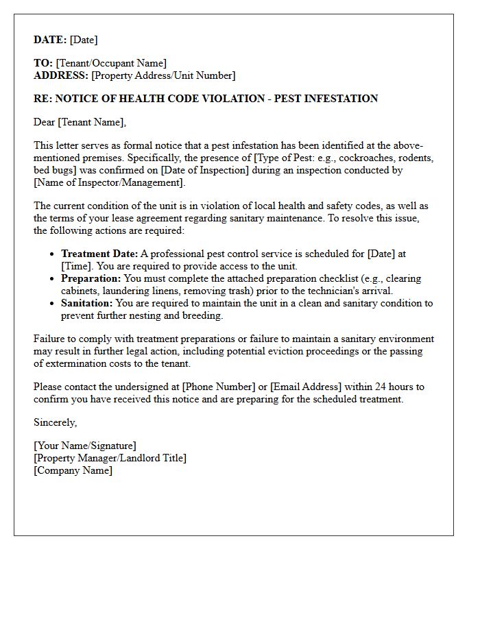 Pest Infestation Notice of Health Violation Letter