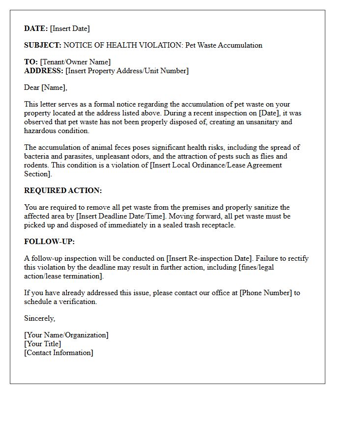 Pet Waste Accumulation Health Violation Letter