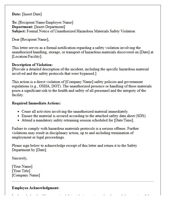 Unauthorized Hazardous Materials Safety Violation Letter
