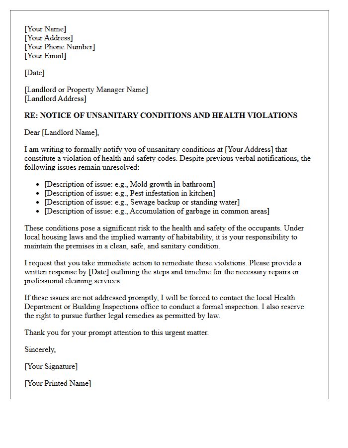 Unsanitary Living Conditions Health Violation Letter