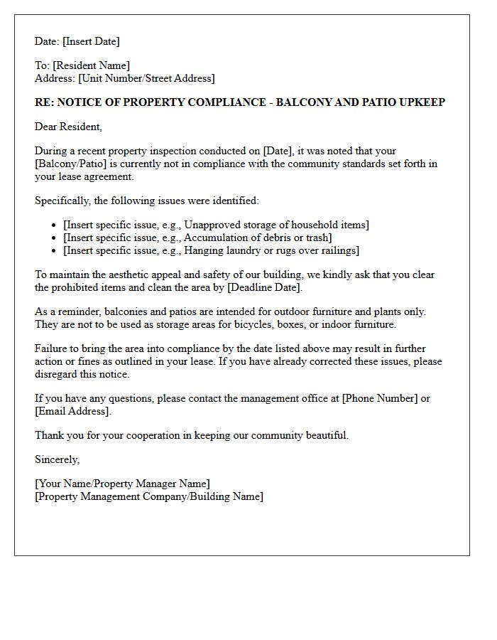 Balcony and Patio Upkeep Property Compliance Letter