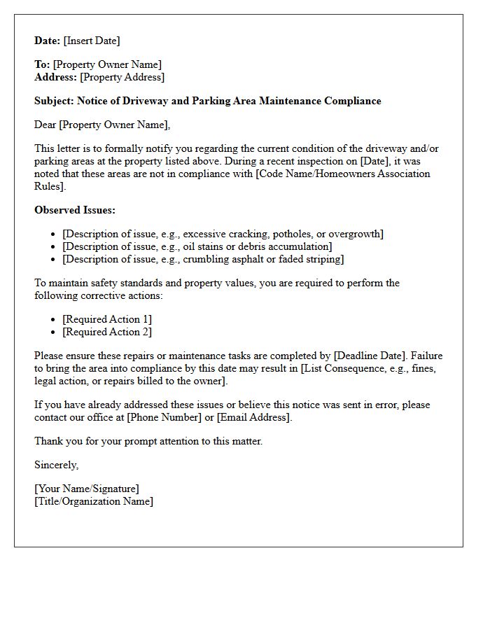 Driveway and Parking Area Maintenance Compliance Letter