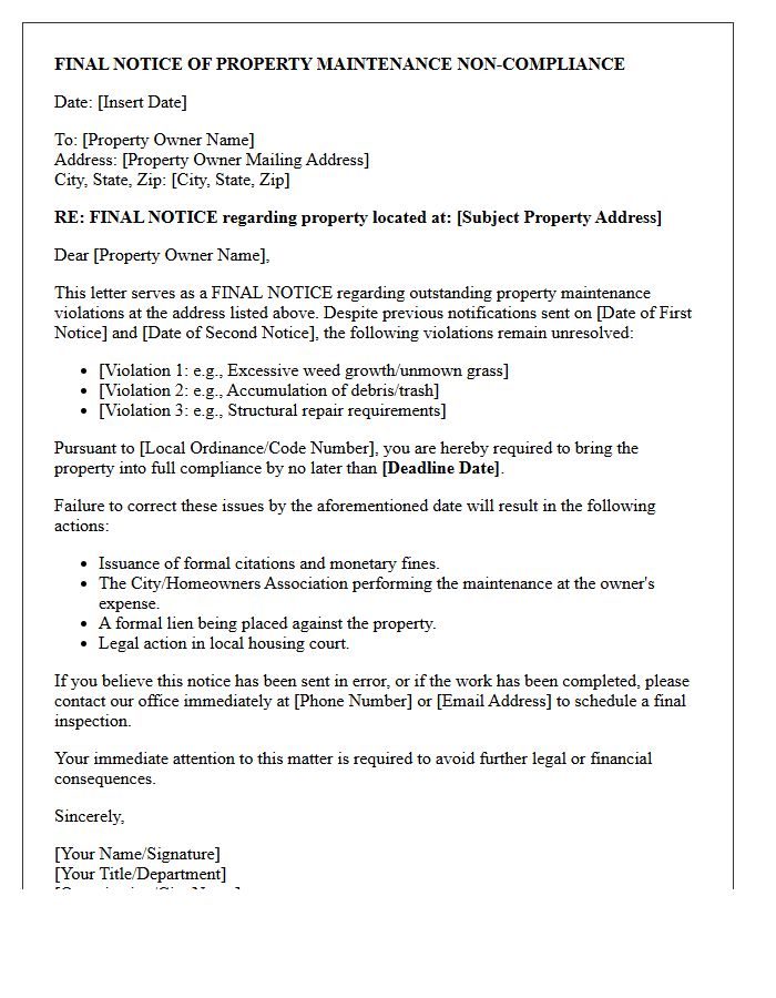 Final Notice of Property Maintenance Compliance Letter