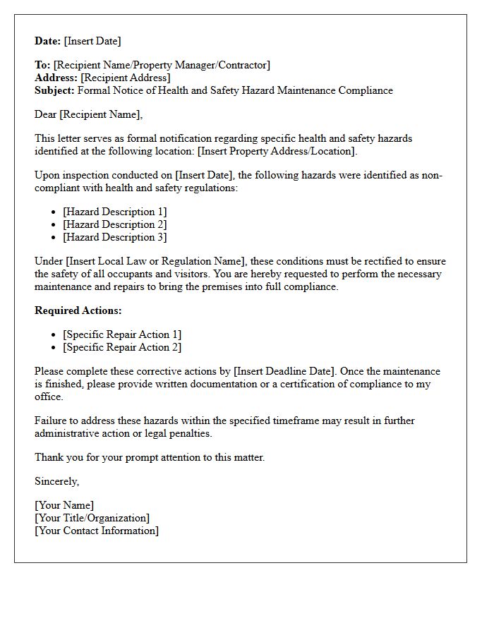 Health and Safety Hazard Maintenance Compliance Letter