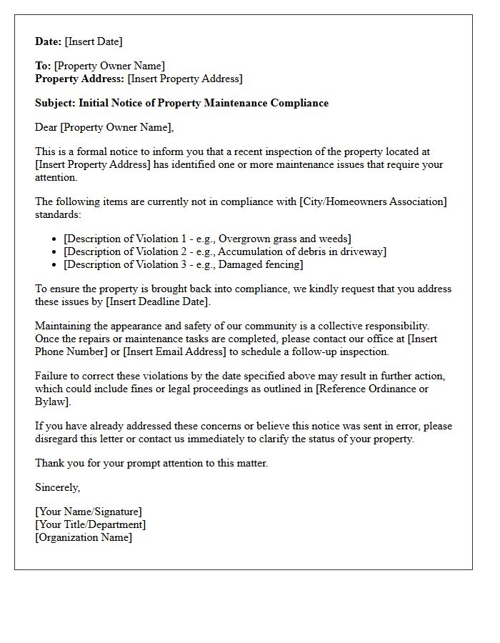 Initial Notice of Property Maintenance Compliance Letter