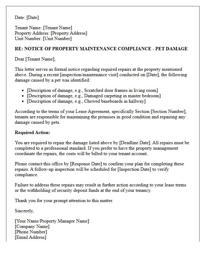 Pet Damage Repair Property Maintenance Compliance Letter