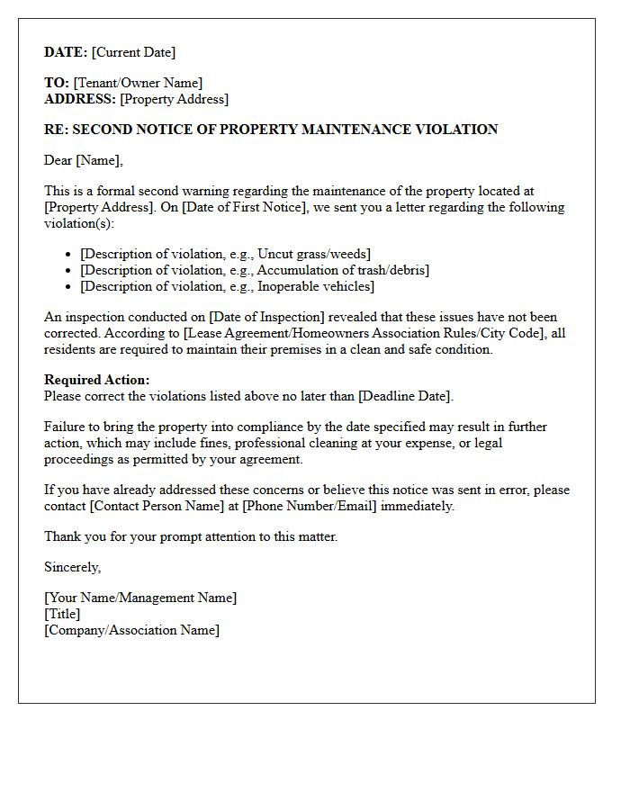 Second Warning Property Maintenance Compliance Letter