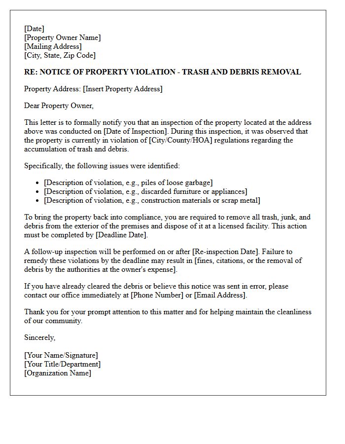 Trash and Debris Removal Property Compliance Letter