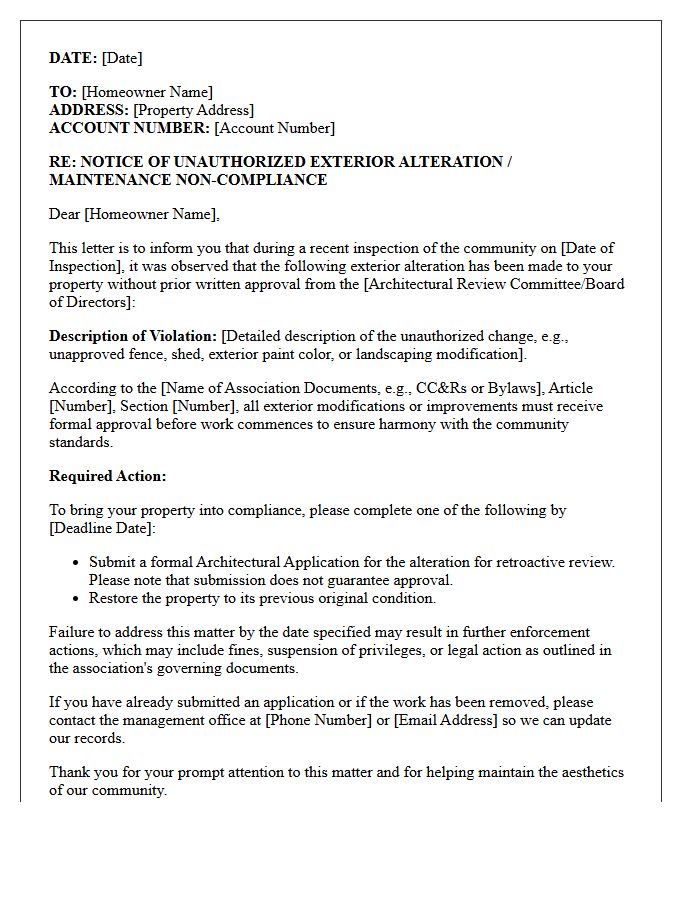 Unauthorized Exterior Alteration Maintenance Compliance Letter
