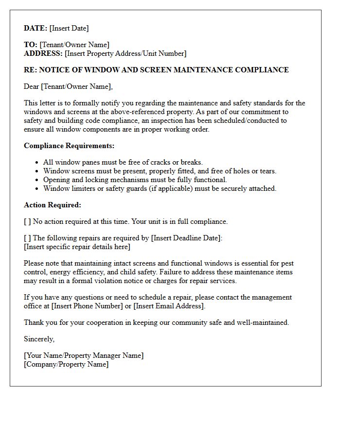 Window and Screen Repair Maintenance Compliance Letter