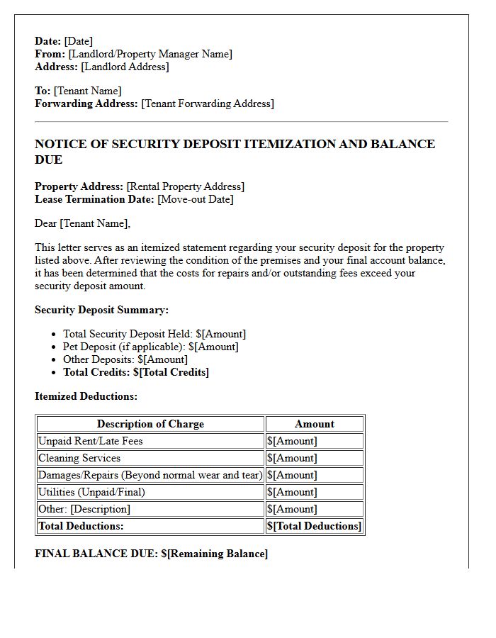 Balance Due Security Deposit Itemization Letter