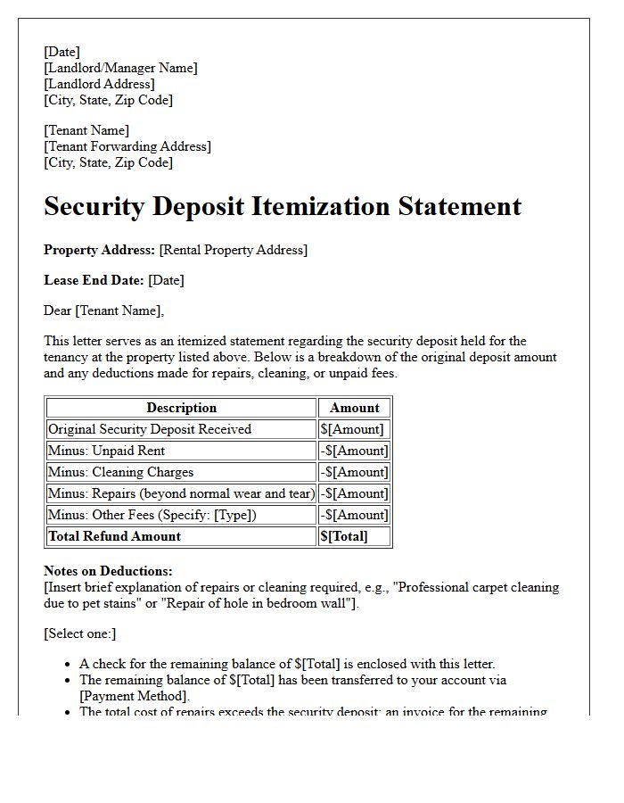 End of Tenancy Security Deposit Itemization Letter