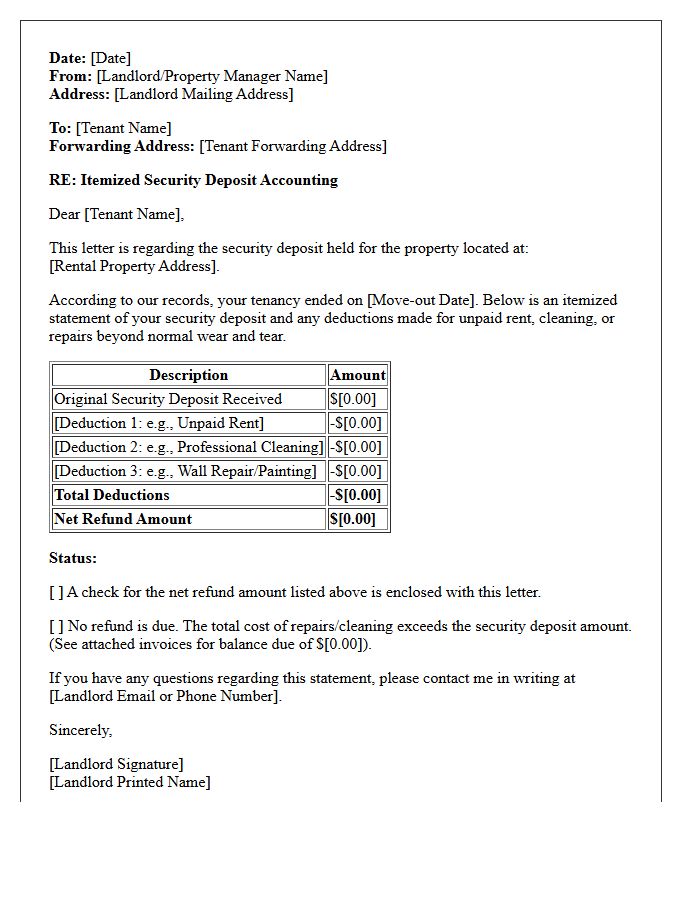 Itemized Security Deposit Accounting Letter