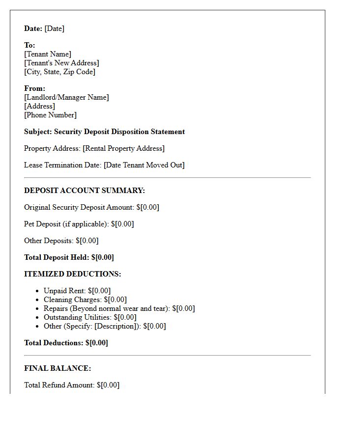 Move-Out Security Deposit Statement Letter