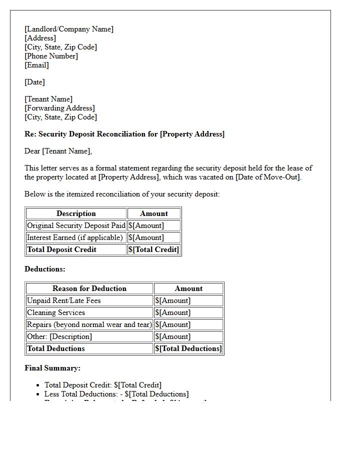 Security Deposit Reconciliation Letter