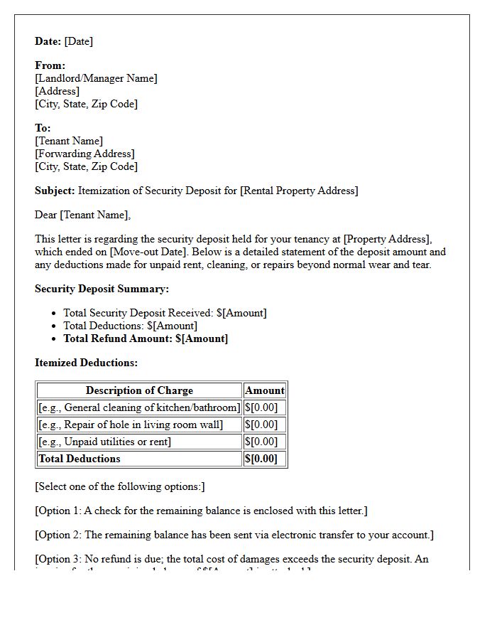 Standard Security Deposit Itemization Letter