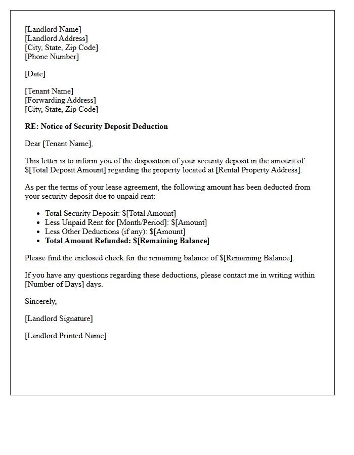 Unpaid Rent Security Deposit Deduction Letter