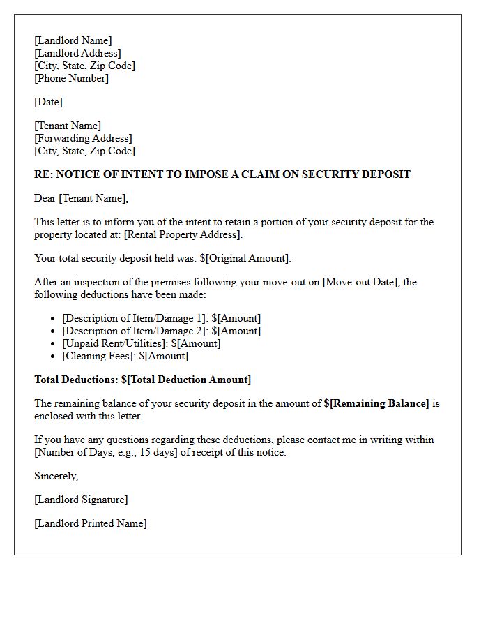 Move-Out Security Deposit Deduction Intent Letter