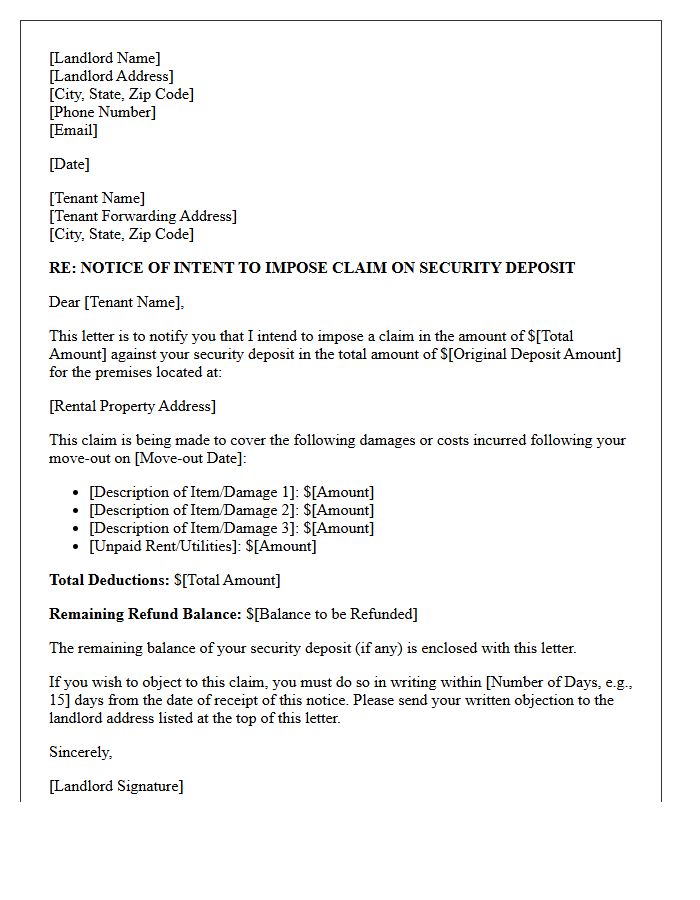 Notice Of Intent To Claim Security Deposit Letter