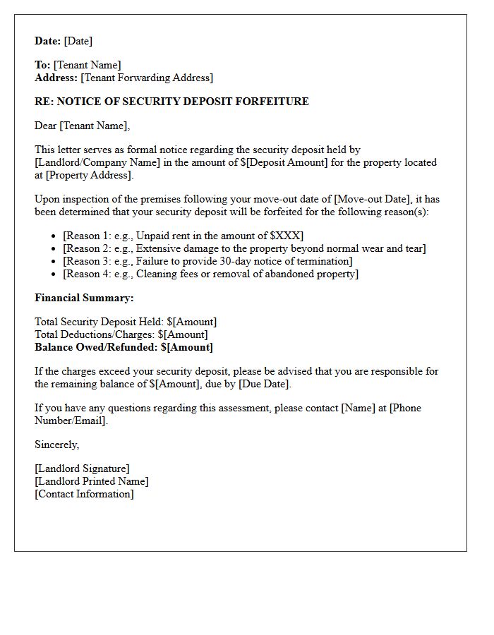 Notice Of Security Deposit Forfeiture Letter