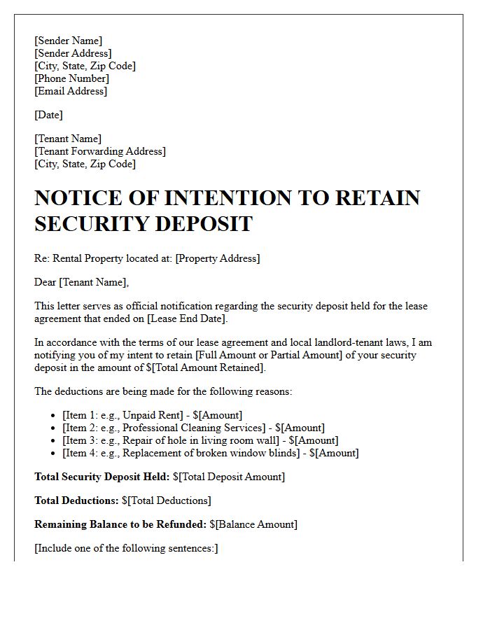 Official Intent To Retain Security Deposit Letter