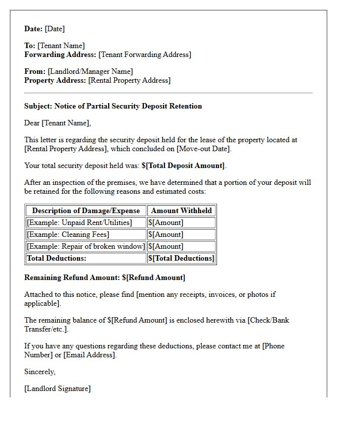 Partial Security Deposit Retention Notice Letter
