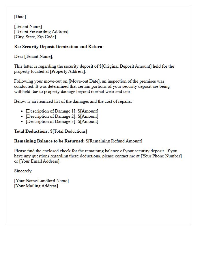 Property Damage Security Deposit Withholding Letter