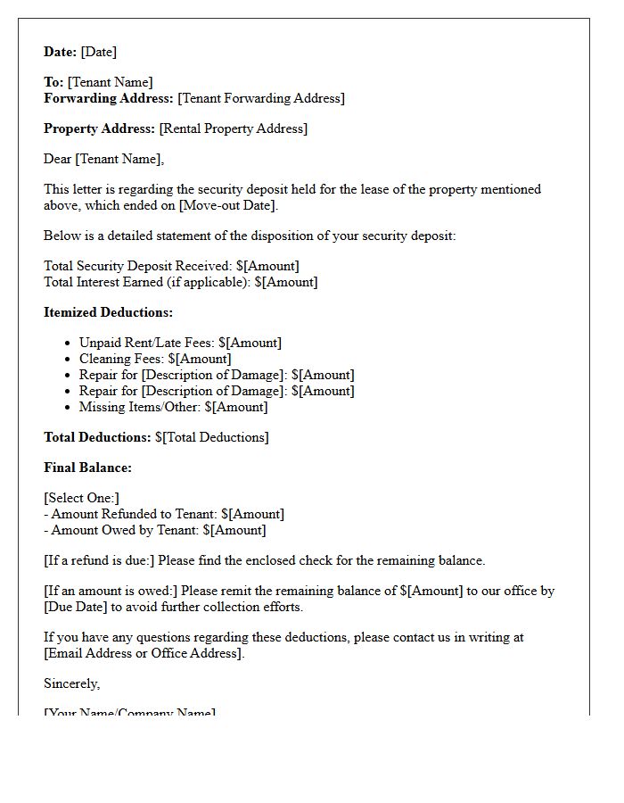 Property Management Security Deposit Withholding Letter
