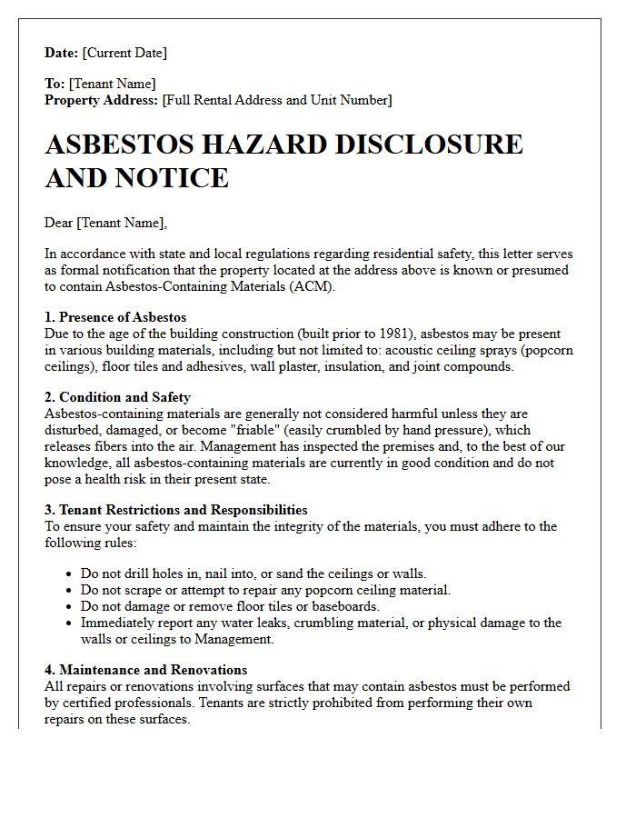 Initial Move-In Asbestos Hazard Disclosure Letter