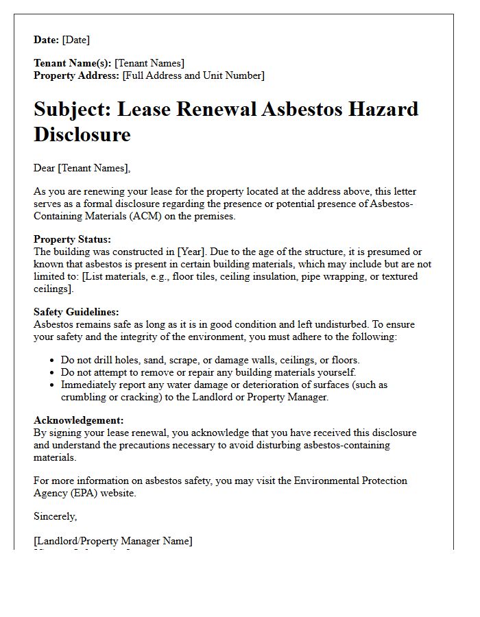 Lease Renewal Asbestos Hazard Disclosure Letter
