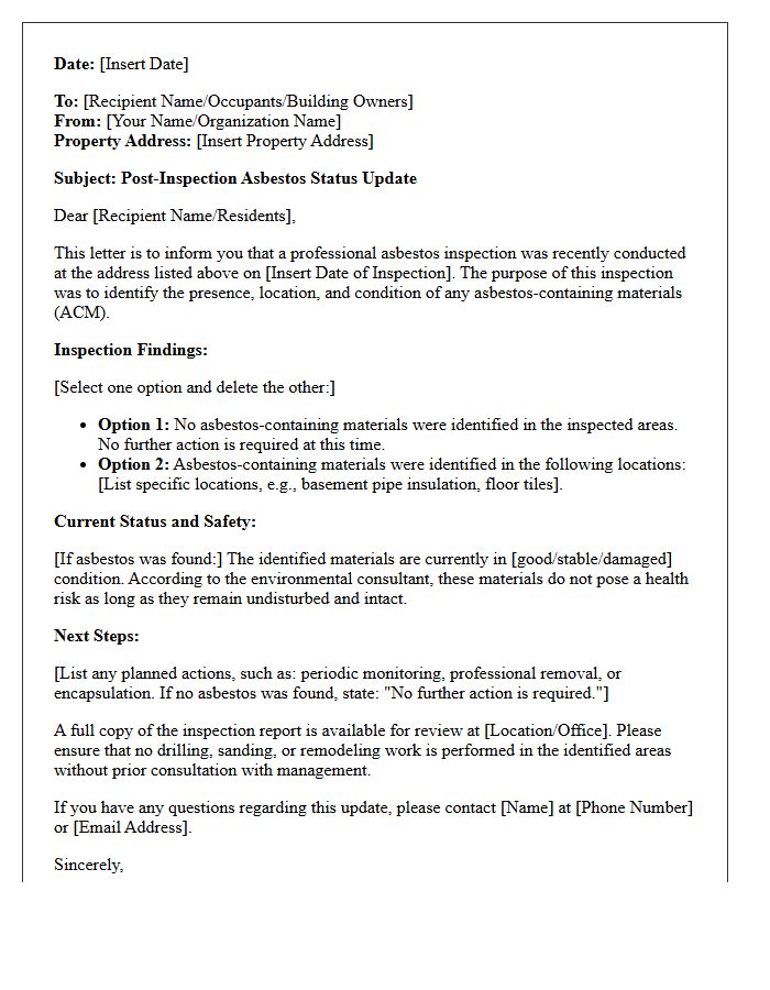 Post-Inspection Asbestos Status Update Letter