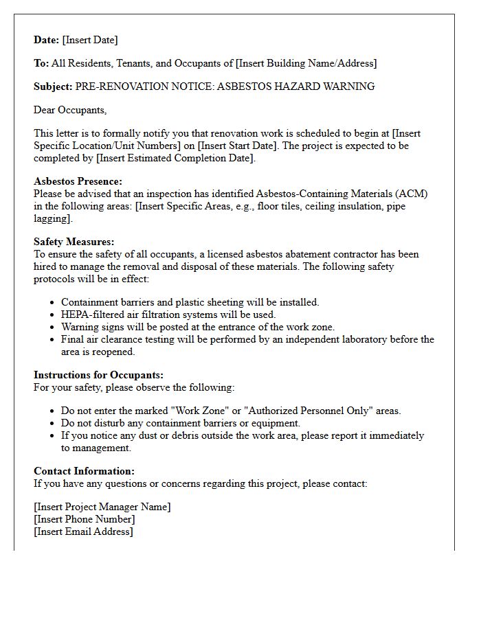 Pre-Renovation Asbestos Hazard Warning Letter