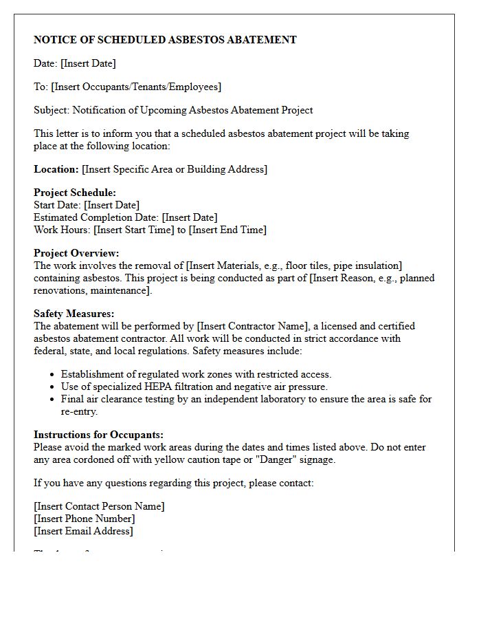 Scheduled Asbestos Abatement Project Letter