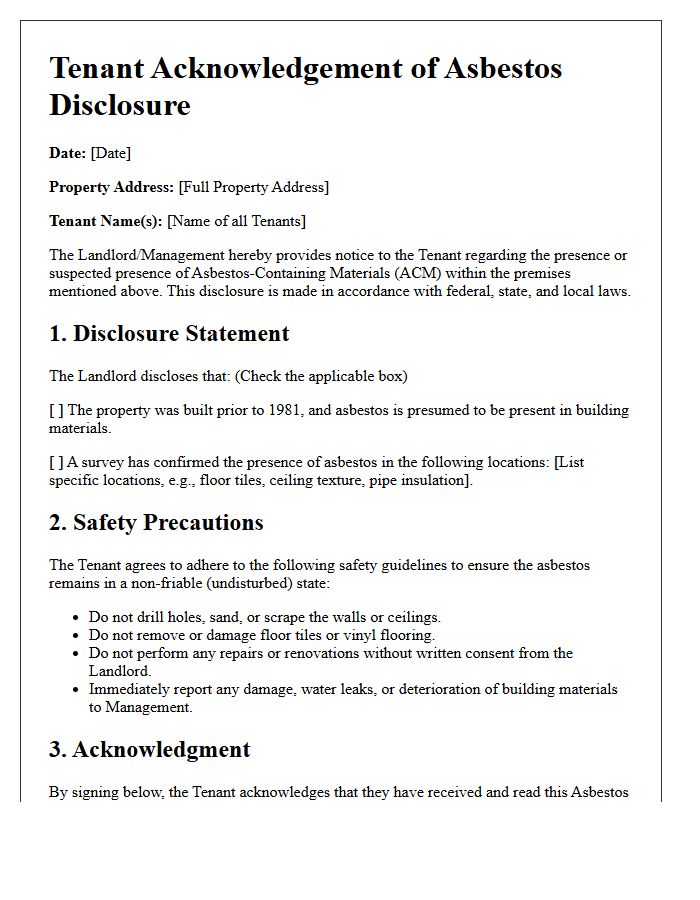 Tenant Acknowledgement of Asbestos Disclosure Letter