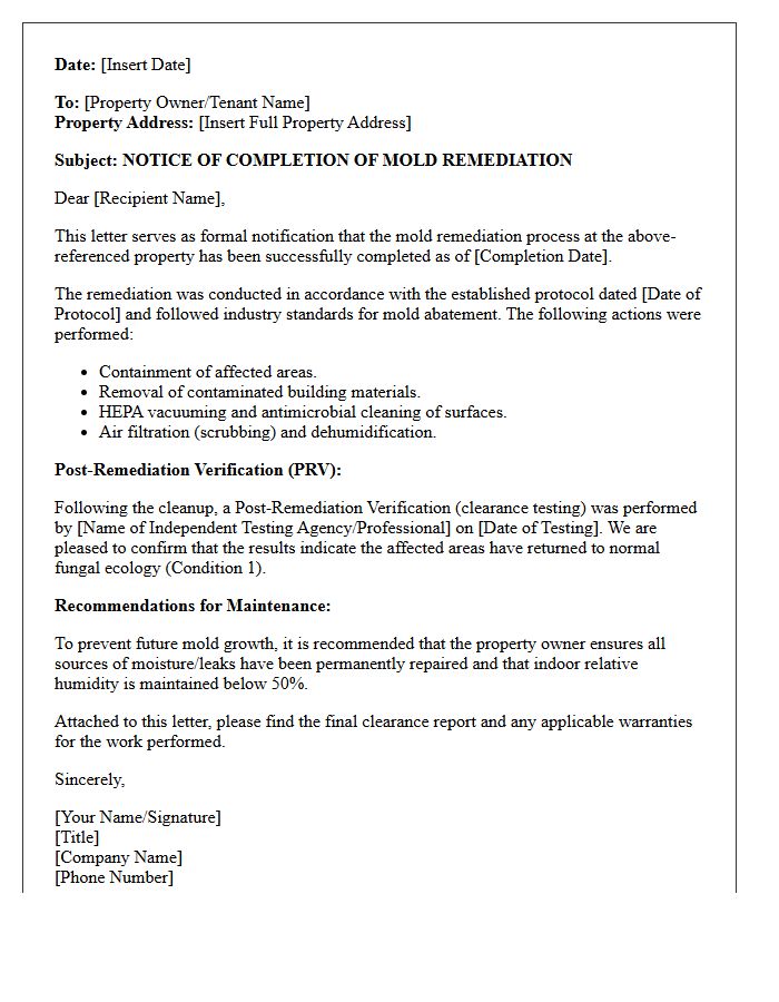 Completion of Mold Remediation Protocol Letter