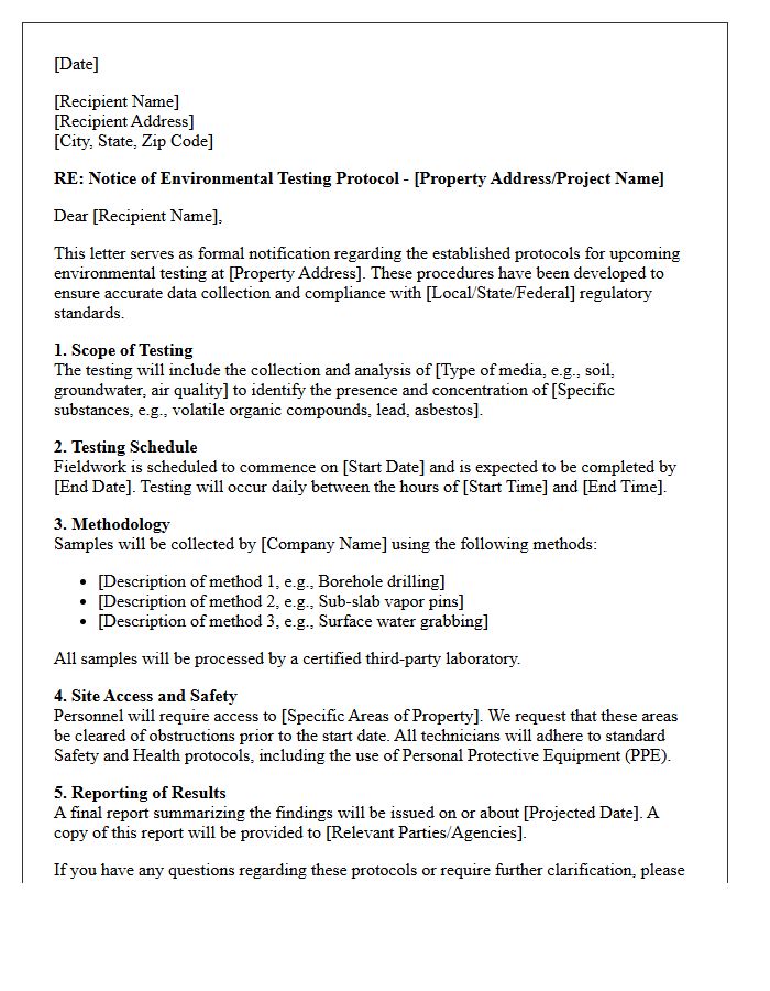 Notice of Environmental Testing Protocol Letter