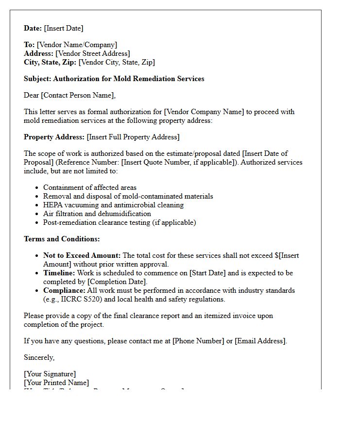 Vendor Authorization for Mold Remediation Letter