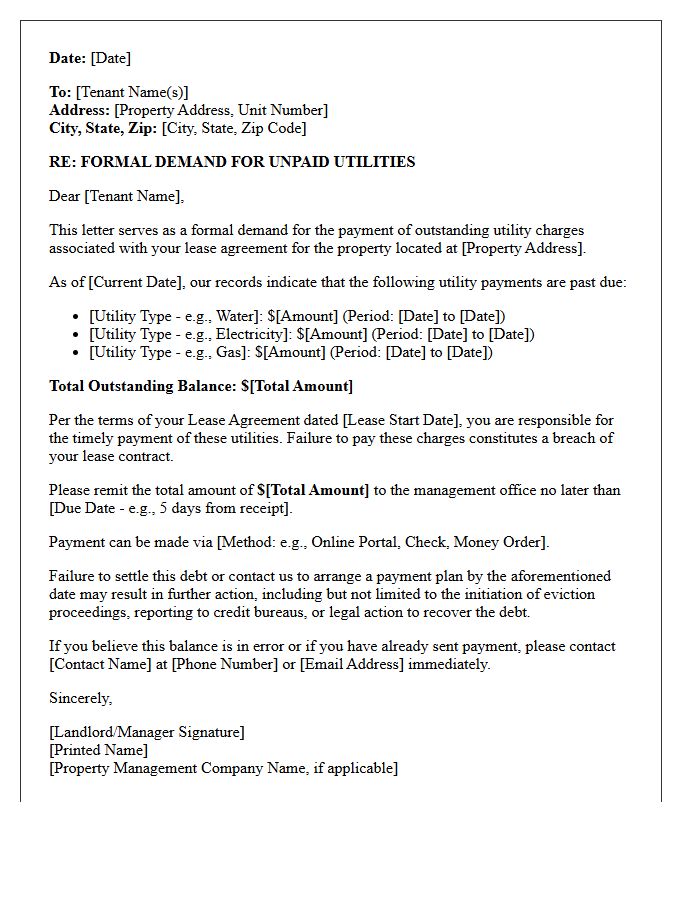 Formal Demand Letter for Past Due Tenant Utilities