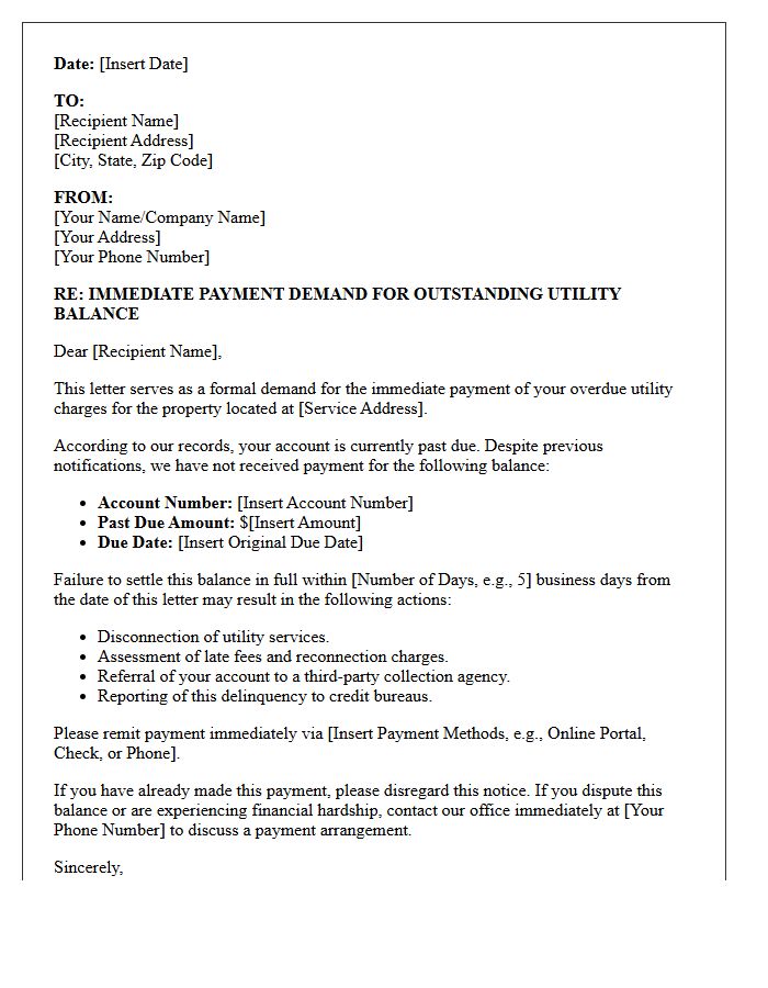 Immediate Payment Demand Letter for Outstanding Utilities