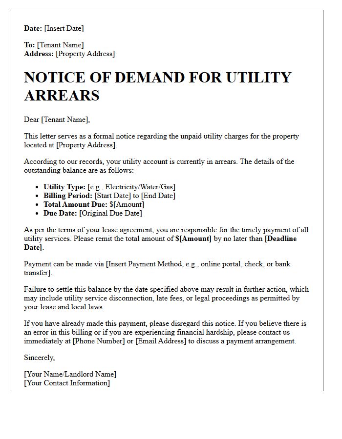 Notice Letter Demanding Payment for Utility Arrears