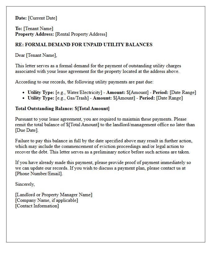Pre-Eviction Utility Demand Letter for Unpaid Balances