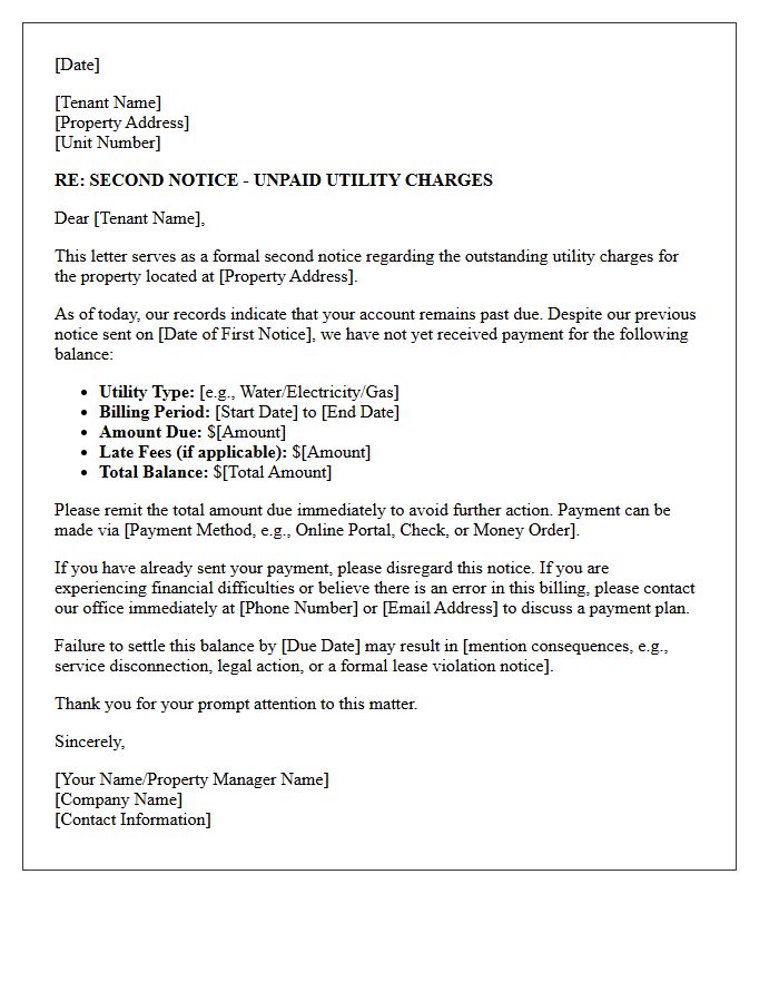 Second Notice Letter for Unpaid Utility Charges
