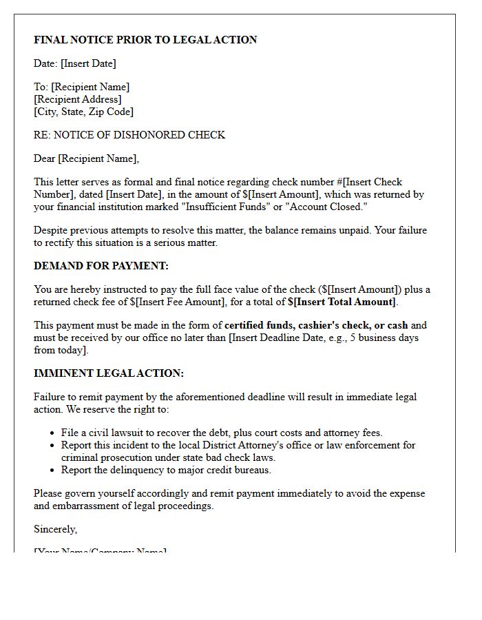 Final Notice of Bounced Check and Imminent Legal Action Letter
