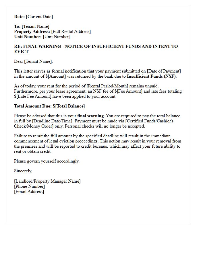 Final Warning for Insufficient Funds and Eviction Intent Letter