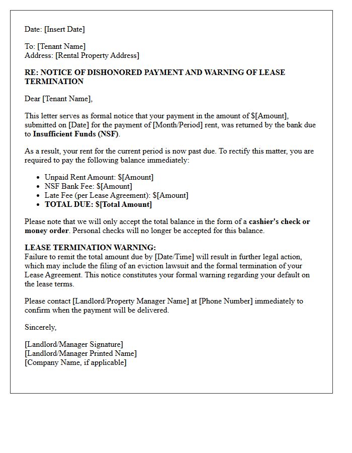 Insufficient Funds Notice and Lease Termination Warning Letter