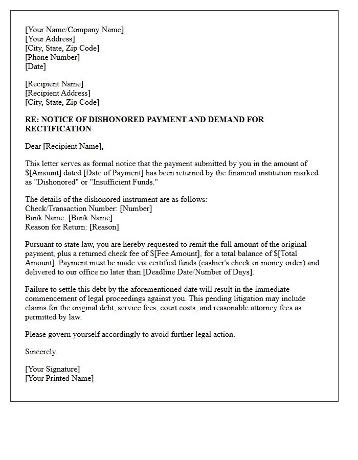 Notice of Dishonored Payment and Pending Litigation Letter