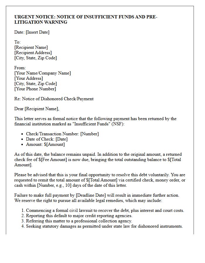 Notice of Insufficient Funds and Pre-Litigation Warning Letter